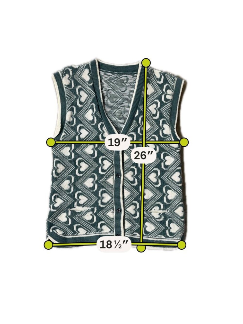 Vintage Sweater Vest Green White Hearts Romantic Cottage Button Up Shirt Retro - Picture 7 of 7